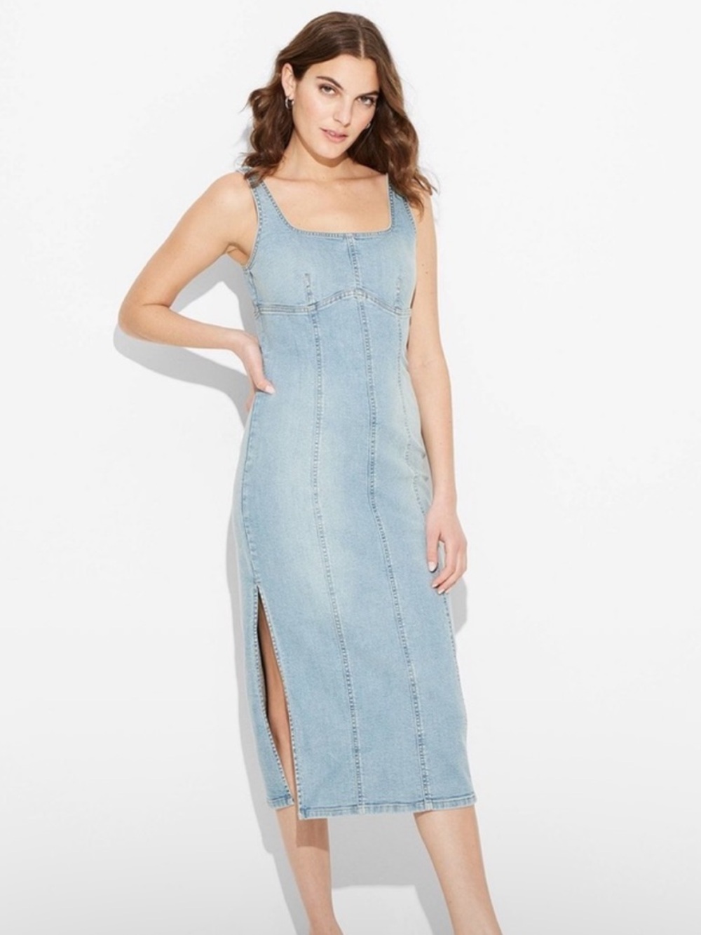 wild fable Light Wash Denim Maxi Bodycon Dress with Side Slit